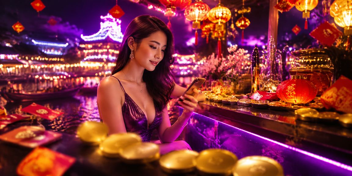 Không khí lễ hội đêm tại Nha Trang với bao lì xì đỏ biểu tượng may mắn và jackpot trực tuyến